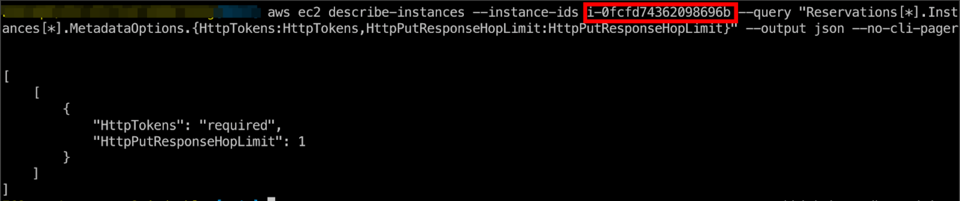 AWS CLI Describe Instances Command Output Showing IMDSv2 and Hop Limit of 1