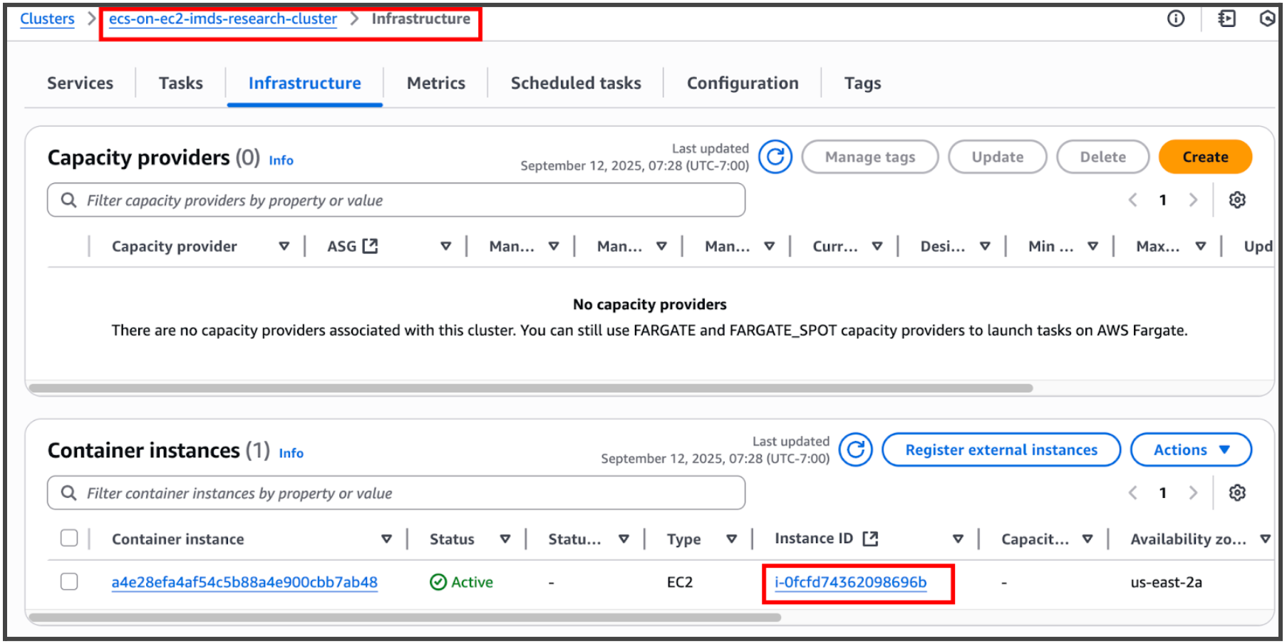 AWS Console Page for ECS Showing Container Instances